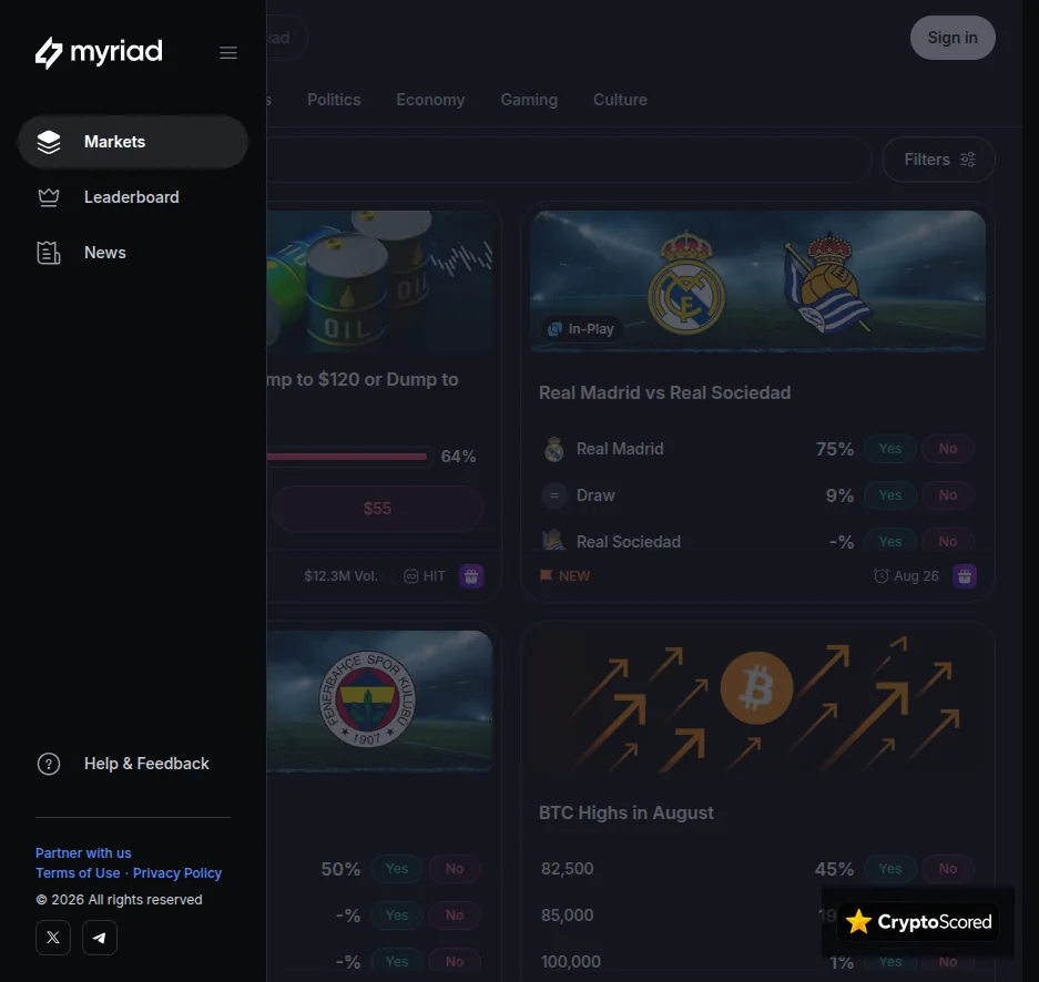Myriad Markets website preview