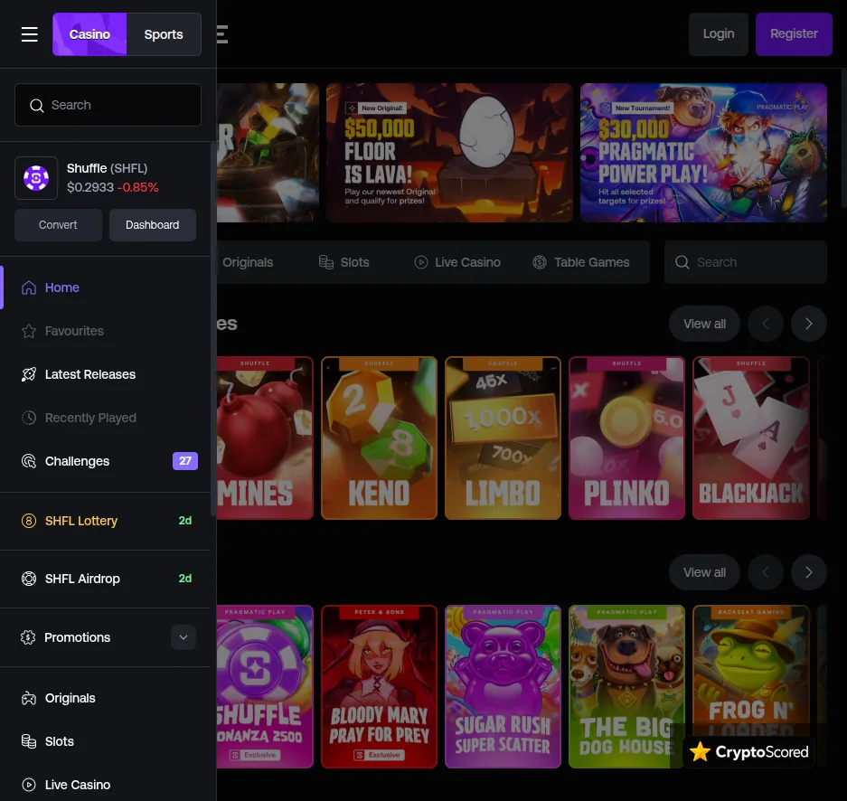 Shuffle Casino website preview