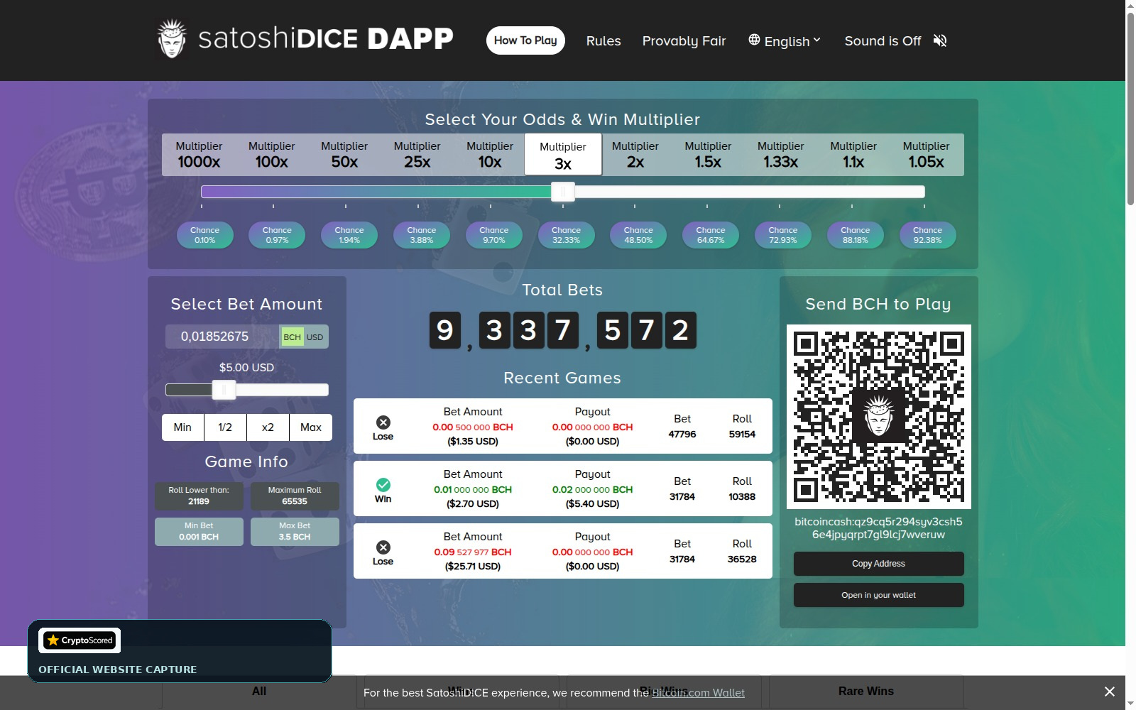 SatoshiDICE website preview